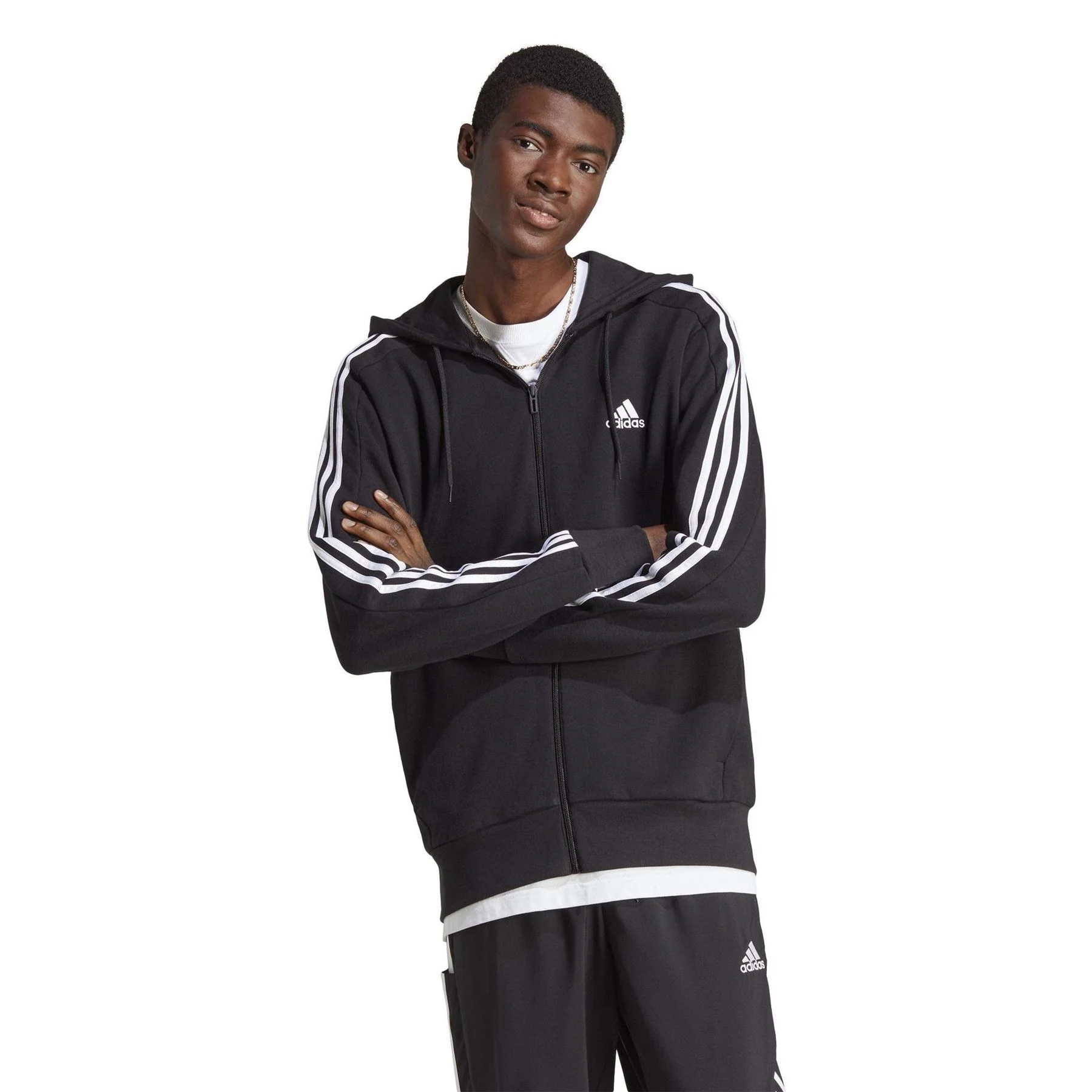 adidas Mens Essentials French Terry 3 Stripes Zip Hoodie - Image 2