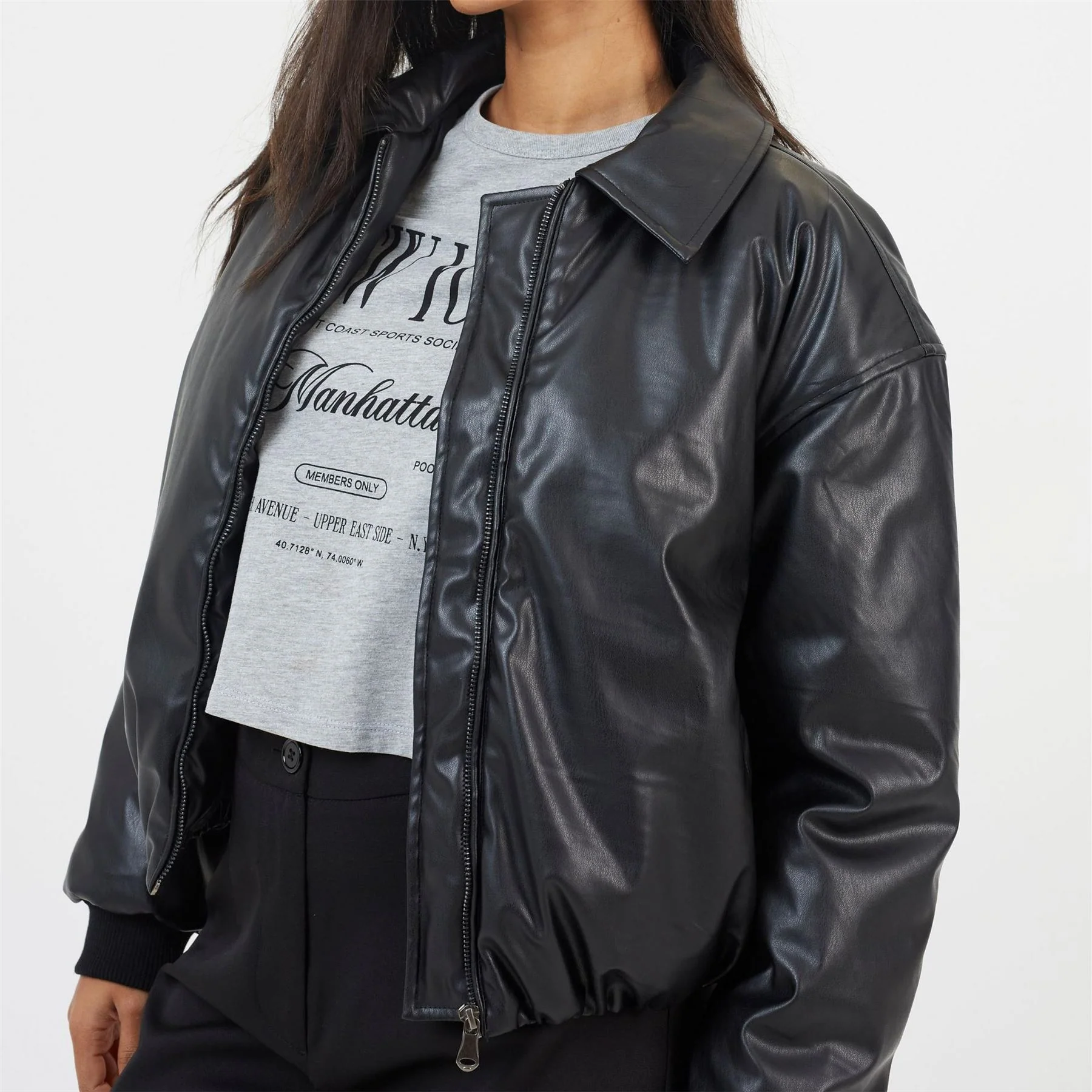 Brave Soul Womens Oversized Faux Leather Bomber Jacket With Collar - Image 3