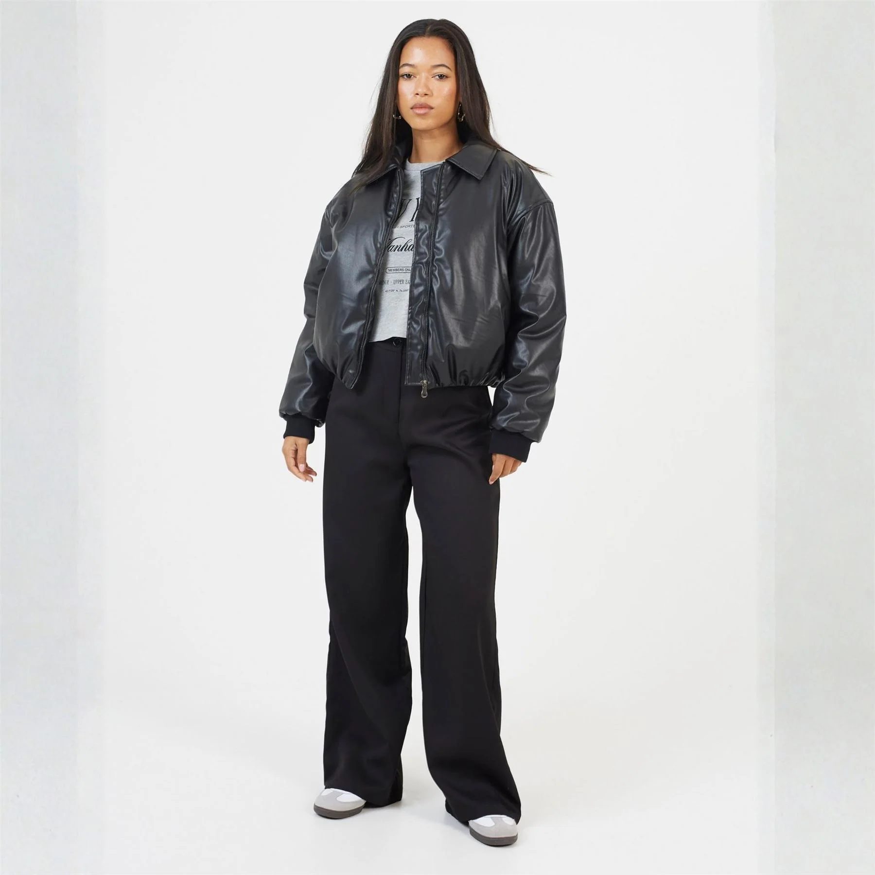 Brave Soul Womens Oversized Faux Leather Bomber Jacket With Collar - Image 4
