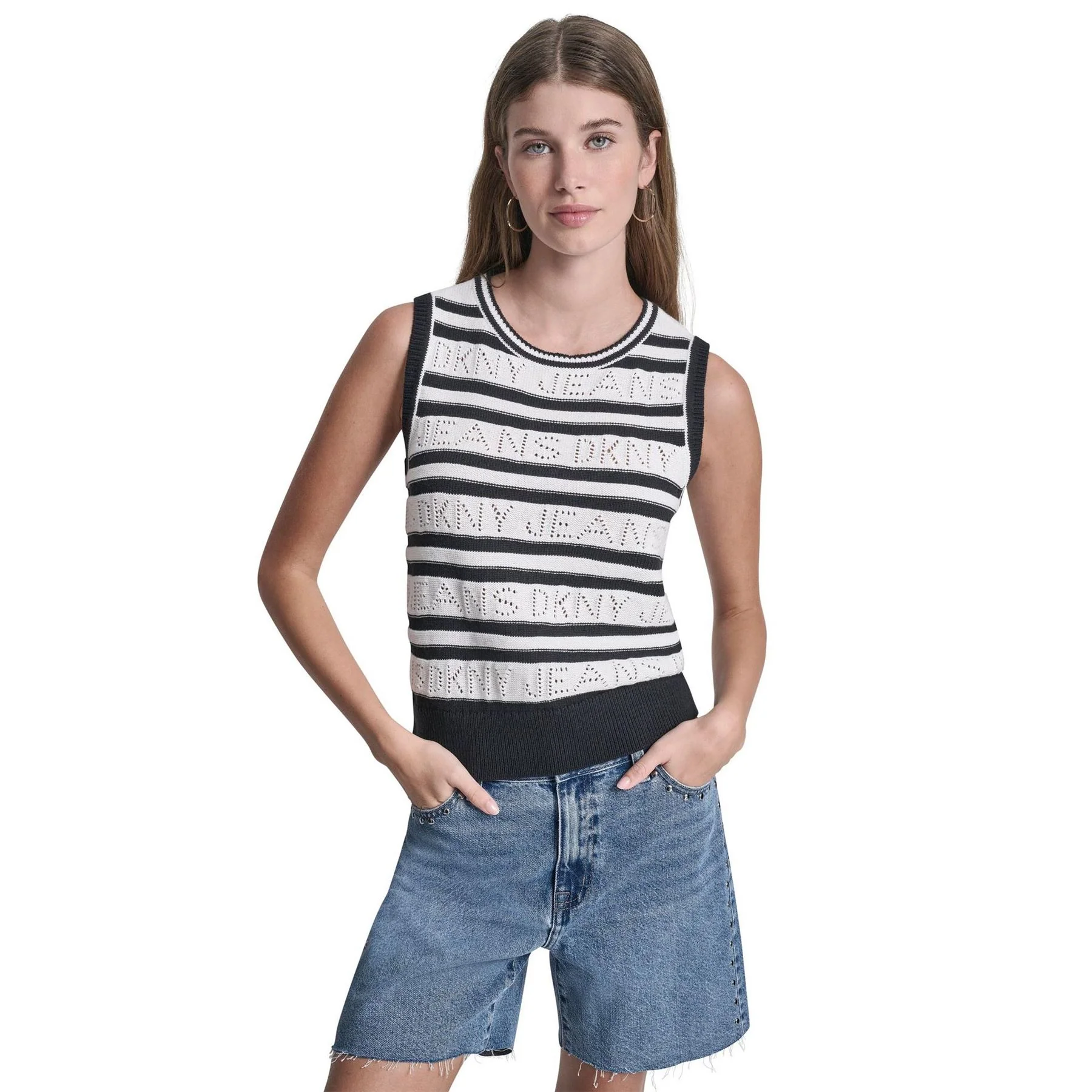 DKNY Jeans Logo Pointelle Striped Sleeveless Sweater
