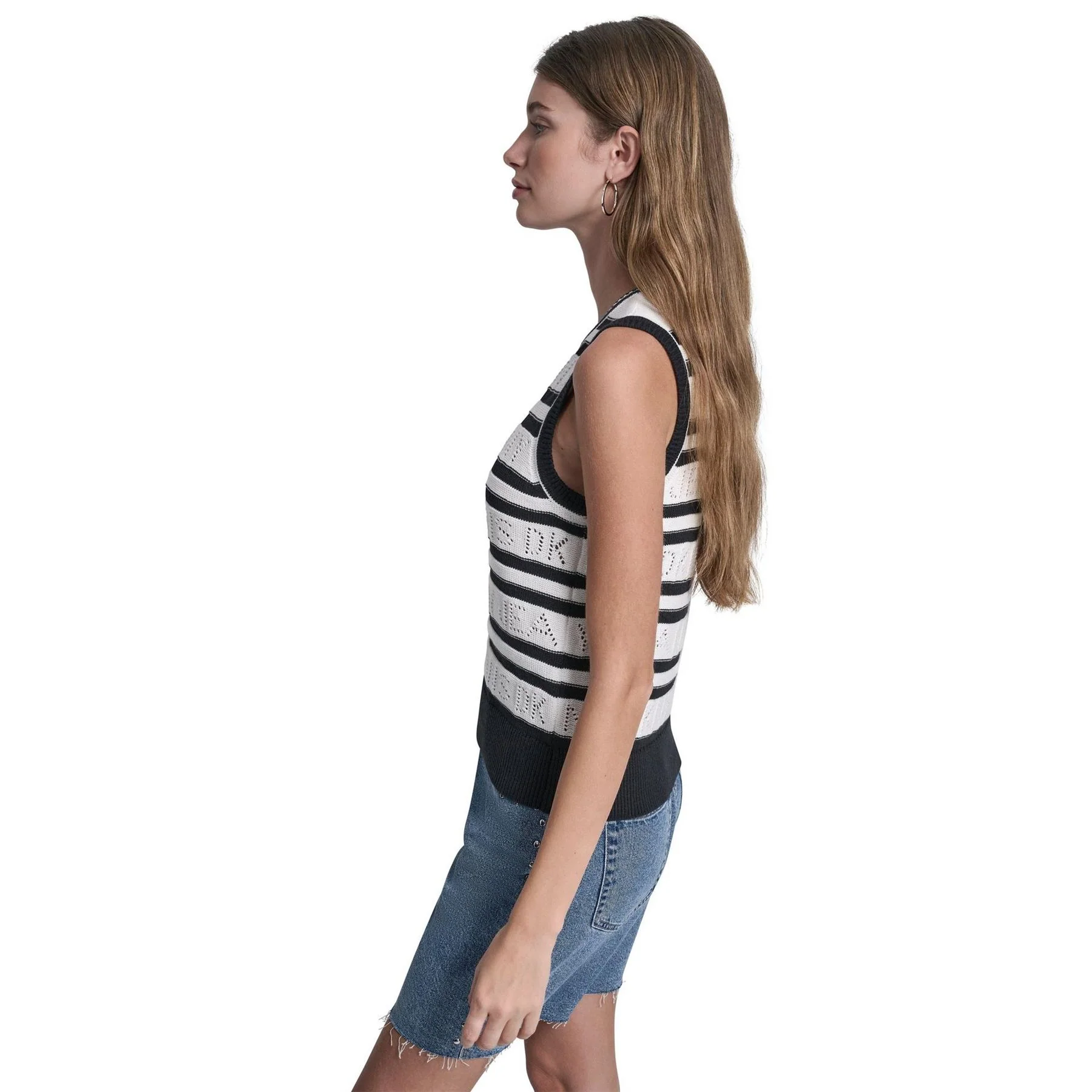 DKNY Jeans Logo Pointelle Striped Sleeveless Sweater - Image 2